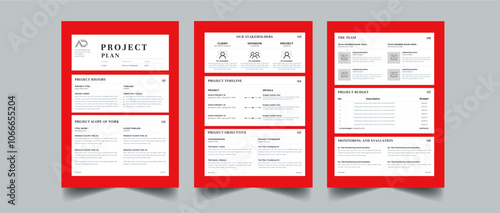 Project Plan and Project proposal layout design with Red colorful concept 3 page Design Template