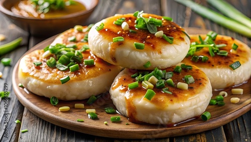 Golden-brown savory pancakes topped with a glistening glaze and fresh, vibrant green scallions, presented on a rustic wooden platter