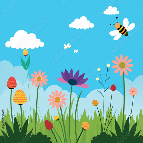 a beautiful summer meadow filled with swaying grasses, buzzing bees, and vibrant flowers