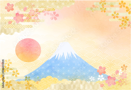 水彩タッチの桜と赤い富士山の和柄背景