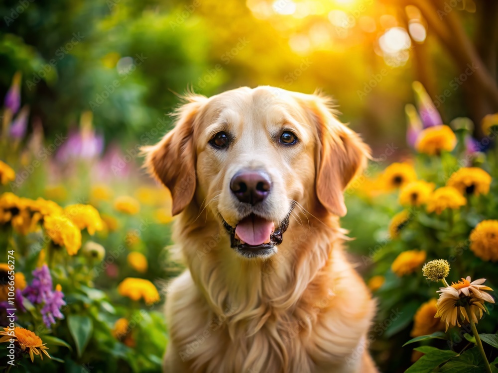 Golden Retriever Portrait in a Lush Park - Macro Photography of a Beautiful Dog with Vibrant Greenery, Natural Light, and Detailed Fur Texture for Pet and Animal Lovers Golden Retriever Portrait in a Lush Park - Macro Photography of a Beautiful Dog with Vibrant Greenery, Natural Light, and Detailed Fur Texture for Pet and Animal Lovers