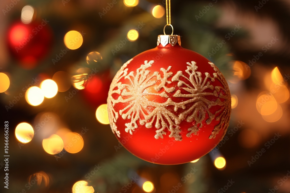 Red decorative Christmas ornament hanging on a tree amidst warm glowing lights Red decorative Christmas ornament hanging on a tree amidst warm glowing lights