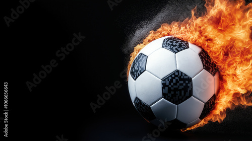 A soccer ball engulfed in flame on black background. Copy space