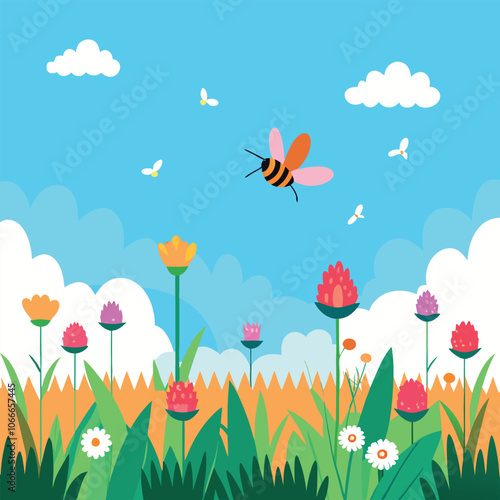 a beautiful summer meadow filled with swaying grasses, buzzing bees, and vibrant flowers