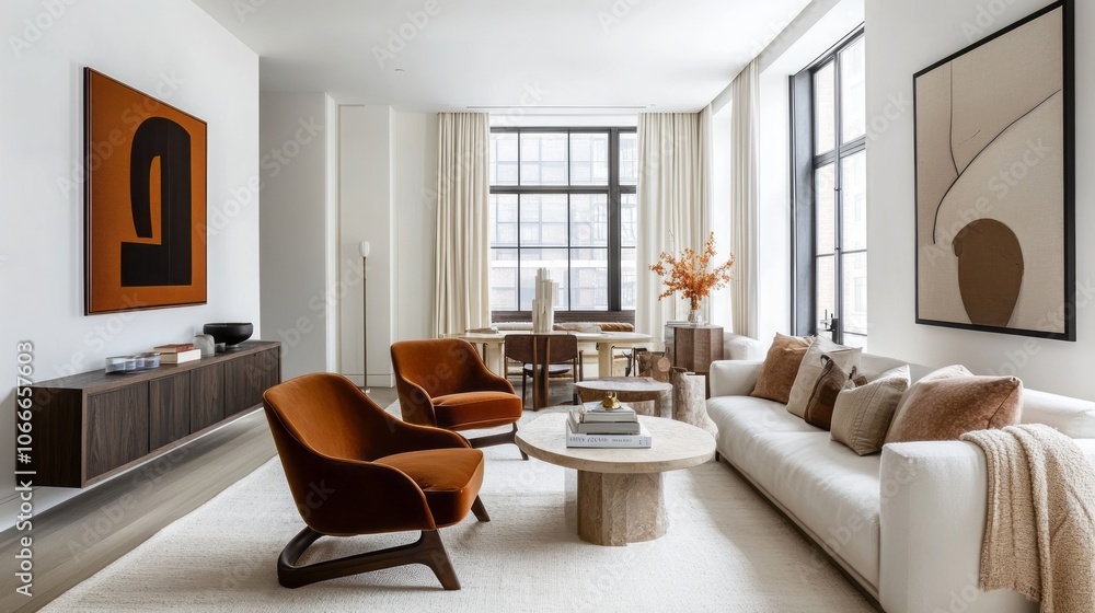 Fototapeta premium Modern living room with a white sofa, two orange armchairs, and a coffee table with a book on top