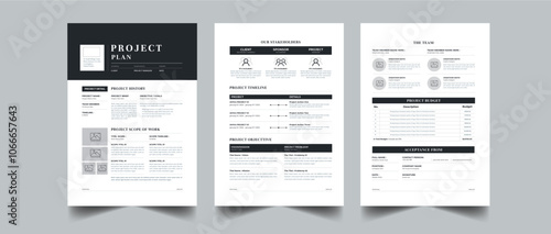 Black and White Project Plan and Project proposal layout design with Red colorful concept 3 page Design Template