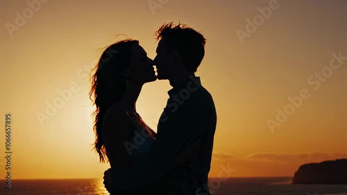 Romantic sunset kiss: capturing love and intimacy in golden hour silhouette