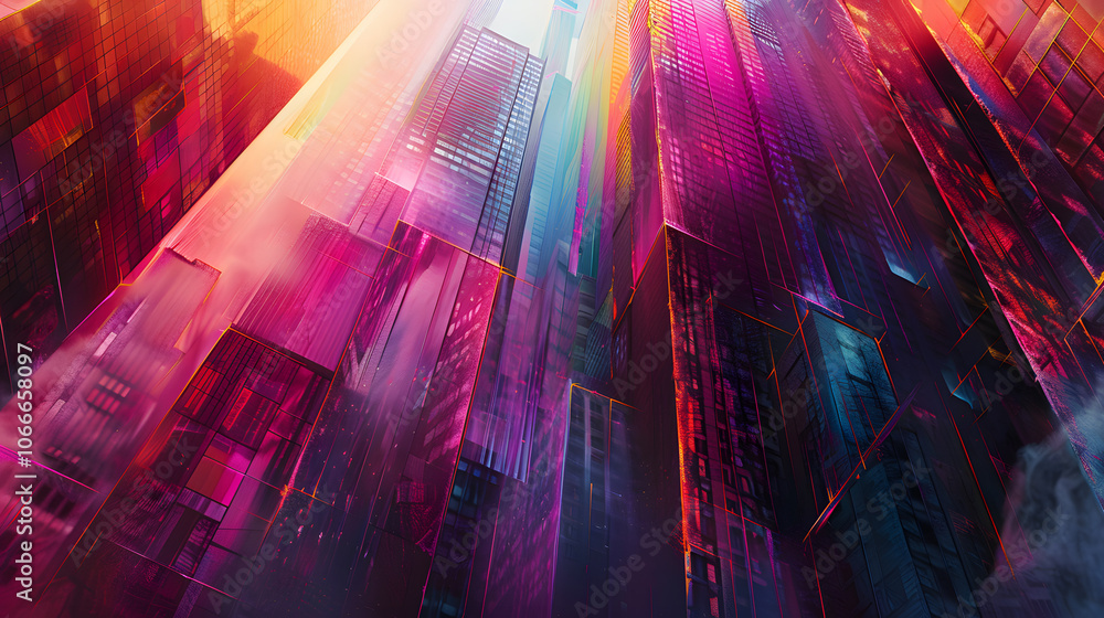Fototapeta premium Abstract Cityscape with Towering Shapes and Vibrant Lights on Dark Background