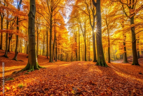 Golden hues paint autumn's beech forest.  Crisp air, vibrant leaves.