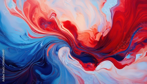 Dynamic Red and Blue Abstract Fluid Art with Swirling Paint Patterns. High Contrast USA Inspired Color Scheme for Eye Catching Backgrounds, Creative Marketing, and Contemporary Art Designs