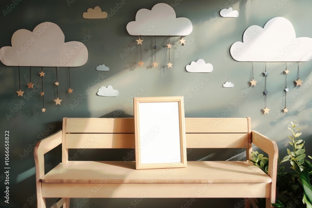 Wooden bench with blank frame in children's room, clouds and stars on wall for mockup Wooden bench with blank frame in children's room, clouds and stars on wall for mockup