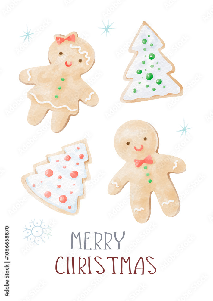 Fototapeta premium Christmas Watercolor Hand Drawn Card Gingerbread Men