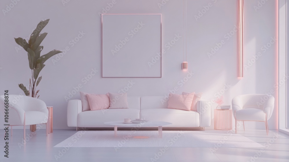 Minimalist Living Room with White Furniture and Rose Gold Accents Minimalist Living Room with White Furniture and Rose Gold Accents