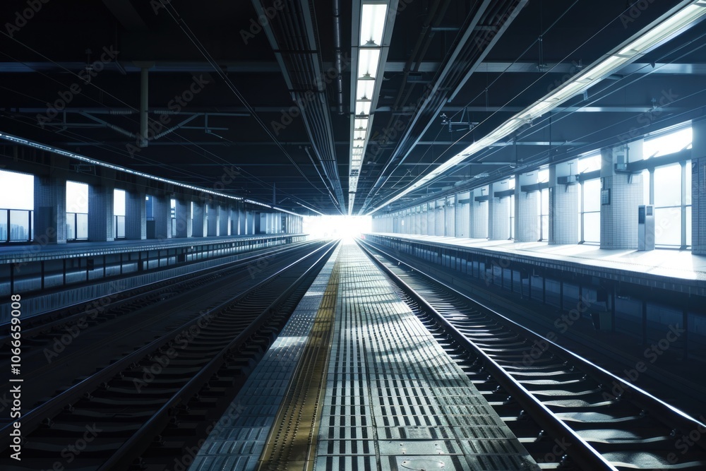 Destination Line. Electric Railway Steel Rail on Railroad Station Platform Destination Line. Electric Railway Steel Rail on Railroad Station Platform