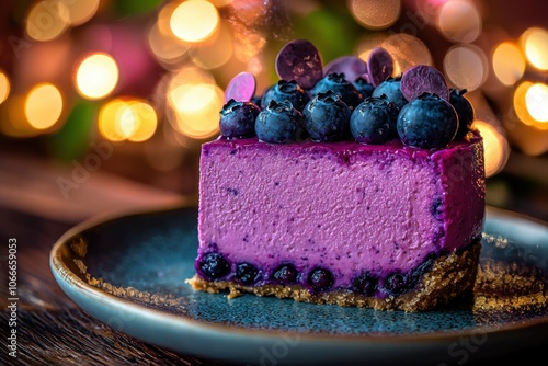 A vibrant slice of purple cheesecake adorned with blueberries, resting on a plate, set against a bokeh background. photo