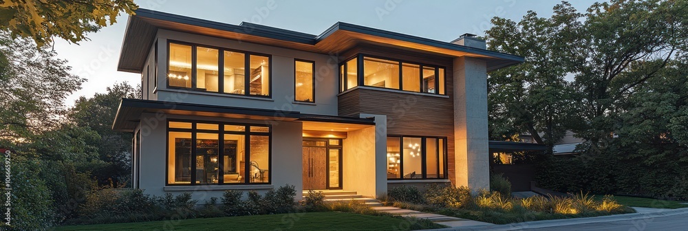 Two-story urban home in Toronto lit up at night with bisque windows and contemporary materials. Two-story urban home in Toronto lit up at night with bisque windows and contemporary materials.