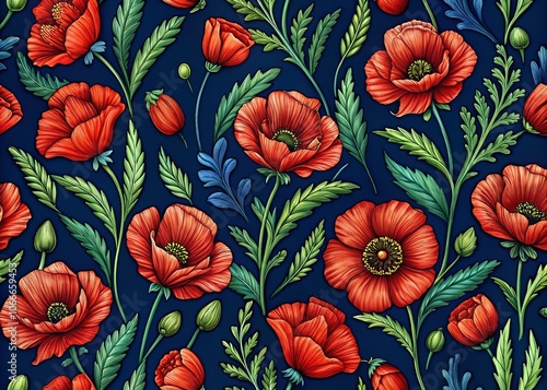 Wallpaper Mural Handdrawn Seamless Pattern of Red Poppy Flowers on Dark Blue Background - Floral Design, Vector Art, Nature Inspired, Home Decor, Textile, Background Texture, Wallpaper, Fashion Print Torontodigital.ca