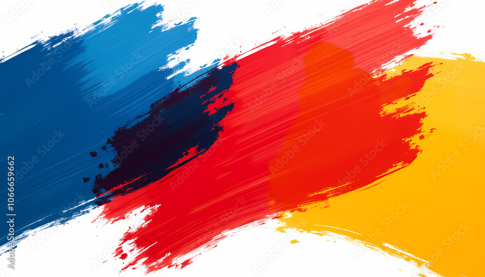 Large brushstrokes of blue, red, and yellow on a white background, ideal for bold, artistic visuals. Large brushstrokes of blue, red, and yellow on a white background, ideal for bold, artistic visuals.