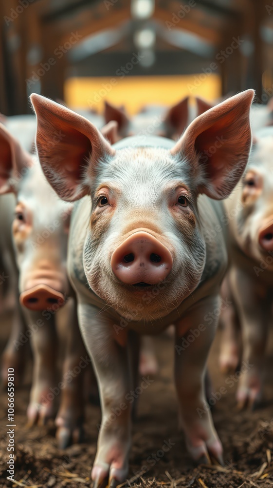 A piglet looks directly at the camera, with other piglets behind it, on a farm A piglet looks directly at the camera, with other piglets behind it, on a farm