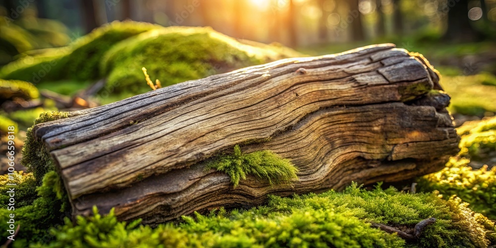 A weathered log rests gently on a bed of verdant moss, bathed in the warm glow of the setting sun. A weathered log rests gently on a bed of verdant moss, bathed in the warm glow of the setting sun.