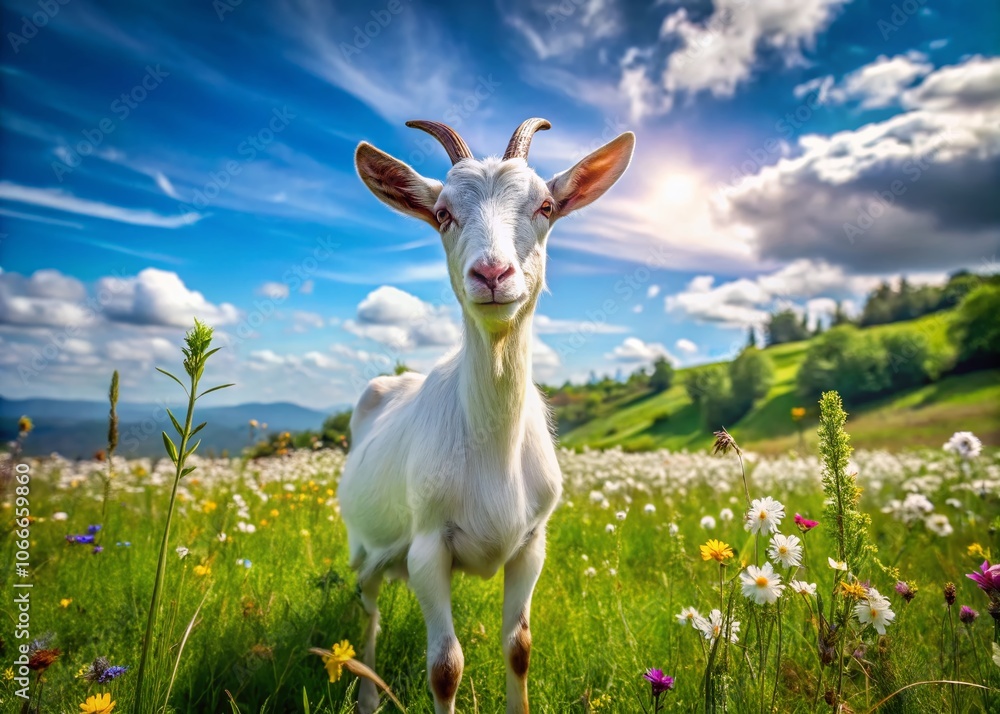 Happy Goat Grazing in Lush Green Field – Serene Nature Landscape Photography with Vibrant Greenery, Pastoral Scene, and Tranquil Atmosphere for Nature Lovers and Goat Enthusiasts Happy Goat Grazing in Lush Green Field – Serene Nature Landscape Photography with Vibrant Greenery, Pastoral Scene, and Tranquil Atmosphere for Nature Lovers and Goat Enthusiasts