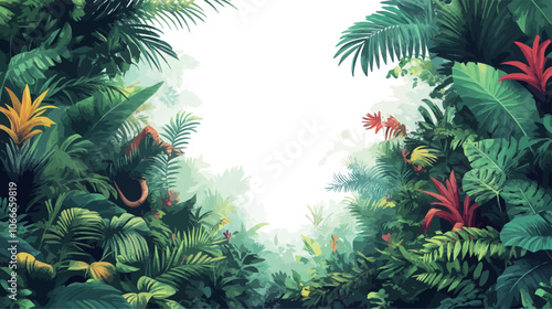 Tropical jungle background with flowers and butterflies. Vector illustration. 