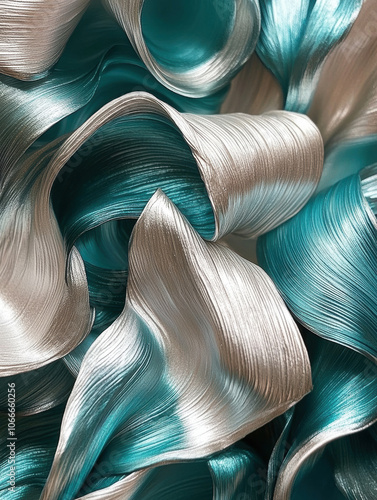 Silky waves in teal and silver tones, with delicate folds creating a soft, luxurious texture, evoking a sense of fluidity, elegance, and refinement in an abstract form.