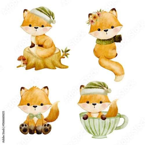 Cute cartoon watercolor forest animal. Hand painted lovely baby foxes illustrations perfect for print and card making vector