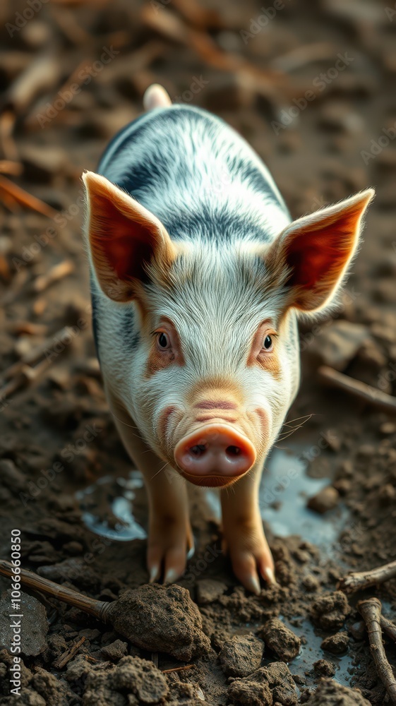 A small piglet stands in the mud, looking directly at the camera A small piglet stands in the mud, looking directly at the camera