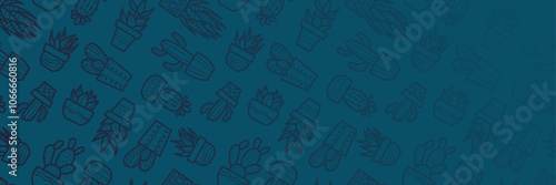 Dark cactus banner design, house plant pattern vector background, wide horizontal cover illustration, gradient