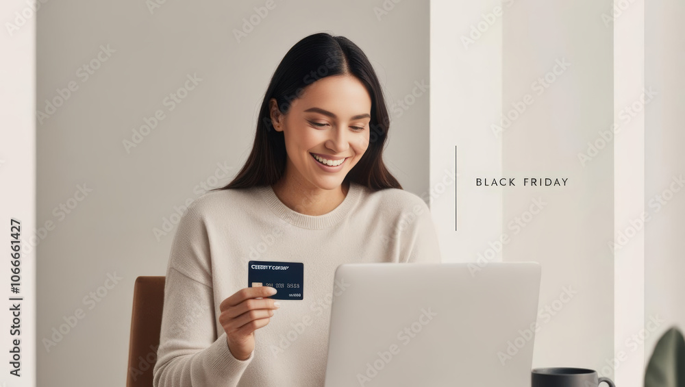 Smiling woman shopping online with credit card for Black Friday deals Smiling woman shopping online with credit card for Black Friday deals