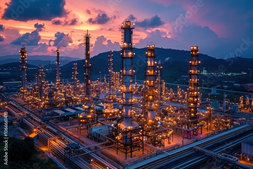 Large industrial refinery complex lit up at sunset, showcasing modern engineering, technology. Towers, pipelines form intricate network under dramatic sky, symbolizing energy production.