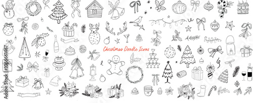 Whimsical Christmas doodle line art festive and holiday icon illustrations for holiday labels, posters, cards and invites.