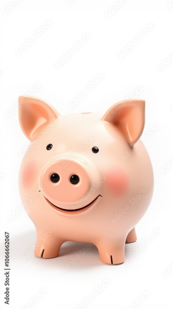 A pink piggy bank with a smiling face sits on a white surface A pink piggy bank with a smiling face sits on a white surface