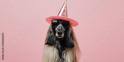 An elegant Afghan Hound in a celebratory party hat and trendy sunglasses, against a pink background for a stylish party look photo