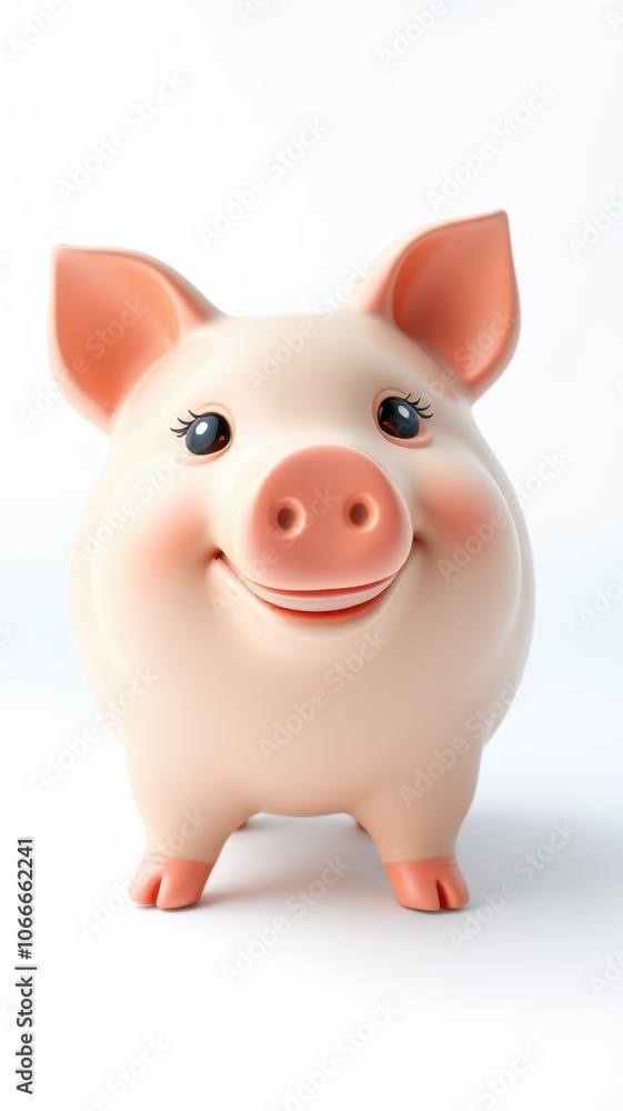 A pink piggy bank with a smile sits on a white surface A pink piggy bank with a smile sits on a white surface