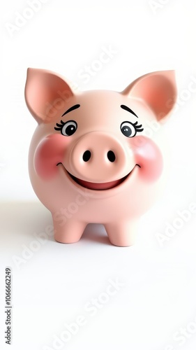 A pink piggy bank with a smiling face sits on a white background