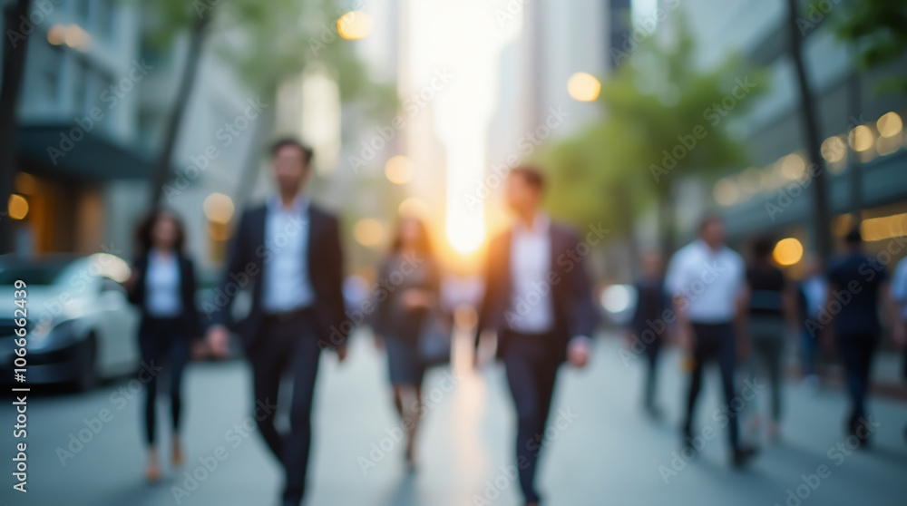 Business people against the backdrop of metropolis skyscrapers, walking on the street on a workday, blurred image Business people against the backdrop of metropolis skyscrapers, walking on the street on a workday, blurred image