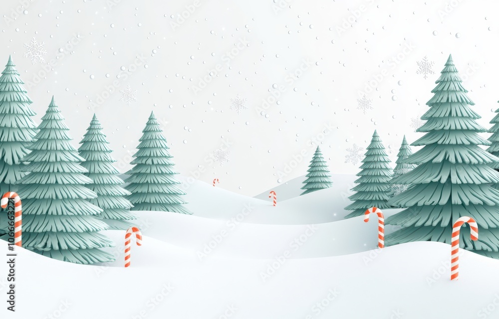 Fototapeta premium Charming Christmas scene with whimsical Christmas trees and candy canes under a snowfall