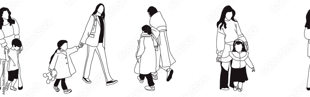 Hand-drawn doodle family border. Outline family clipart. Hand-drawn black art. Hand-drawn doodle family border. Outline family clipart. Hand-drawn black art.