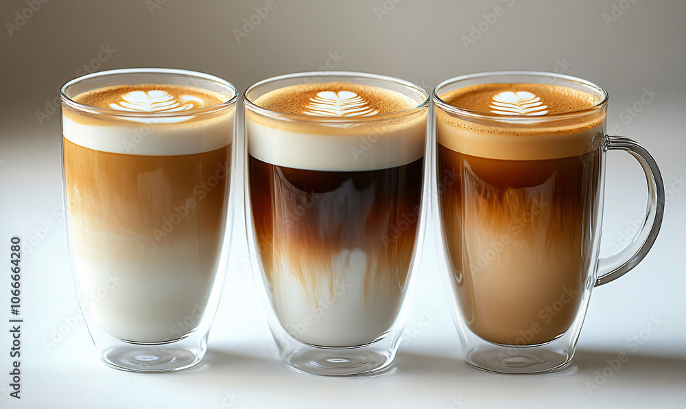 Three Classic Coffee Drinks in Glass Cups on White Background Three Classic Coffee Drinks in Glass Cups on White Background