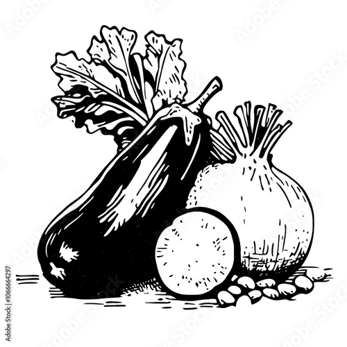 Vegetable sketch drawing icons of cabbages, bell peppers, beets, potatoes, pungent garlic, green onions, eggplant and cayenne peppers.
