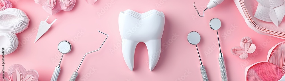 Dental tools and a tooth on a pink background, representing oral care and dentistry. Dental tools and a tooth on a pink background, representing oral care and dentistry.