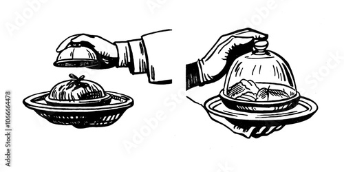 Drawing of a waiter holding a hot dish tray. Illustration for a restaurant or cafe menu design. Sketch of a modern restaurant or cafe.