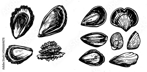 A set of hand drawn sketch style mussels, closed and opened. Sea food and sea animals illustrated in a modern style.