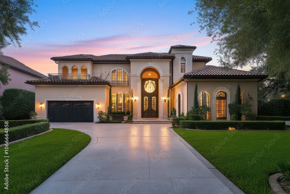 Obraz premium Stunning luxury suburban mansion surrounded by meticulously landscaped gardens and serene outdoor living spaces.