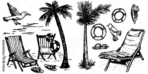 A lively collection of hand-drawn sketches of a summer set. The sketches include a chaise-longue, a diving mask, a beach umbrella, flip flops, a surfboard, and a lifebuoy.