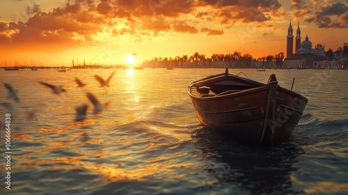 Wooden Boat at Sunset with a City Skyline in the Background