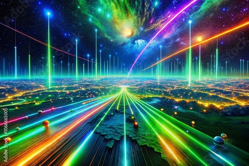Infinite Futuristic Background with Vibrant Lights in the Metaverse  Neon Lines  Zooming Meteor Space Theme  Green and Blue Color Palette for Stunning Aerial Photography