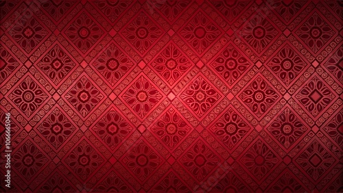 A Deep Red Background with a Geometric Design of Intricate Floral Motifs in a Mosaic of Diamond Shapes